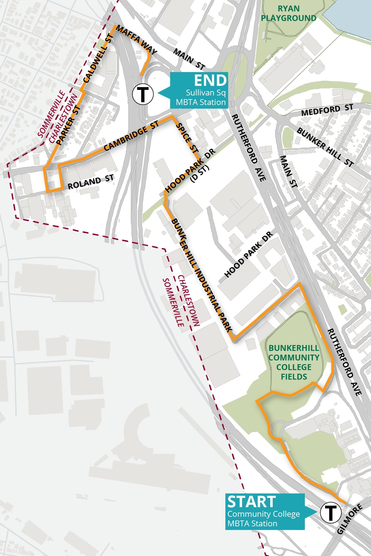 PLAN Charlestown Walking Tour route map from Community College t stop to Sullivan Square