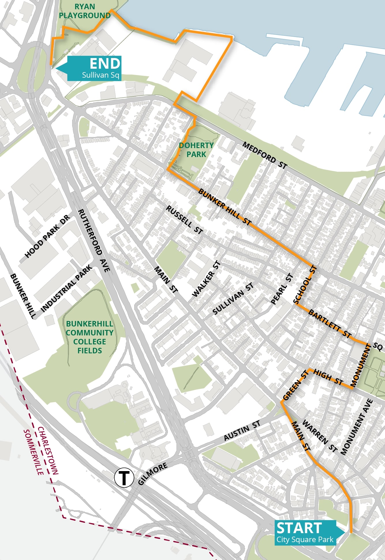 PLAN Charlestown Walking Tour route map from City Square to Sullivan Square