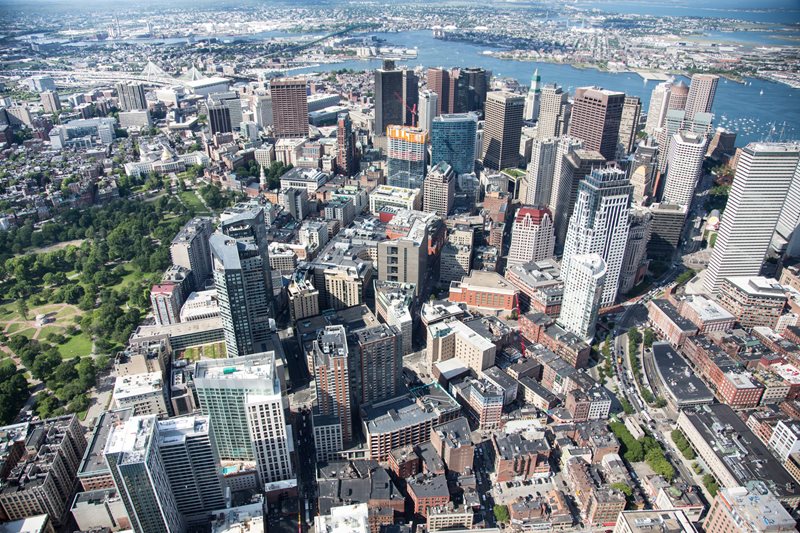Aerial view of Boston, Massachusetts, with a focus on the city's