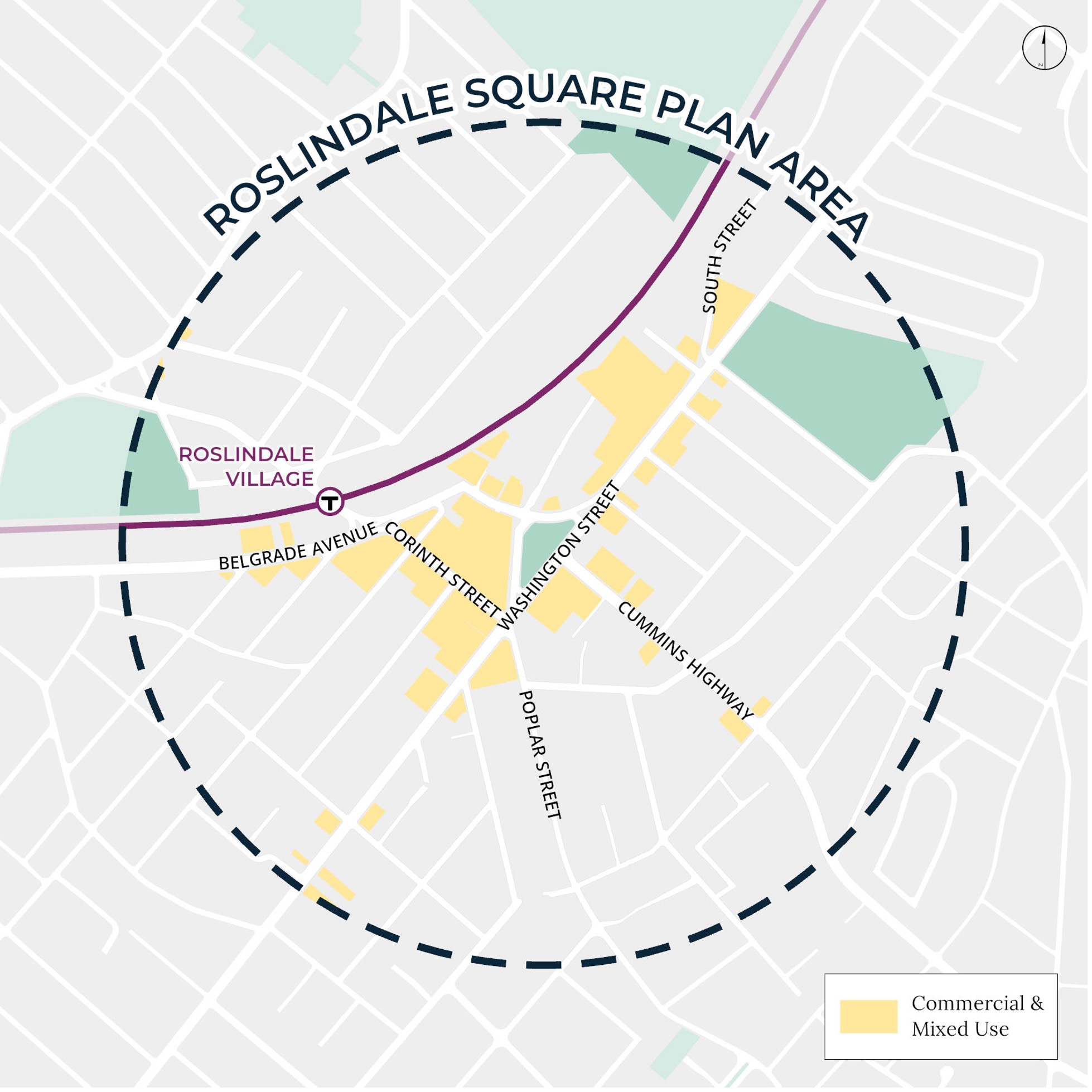 Map of the Roslindale Square plan area in Boston.