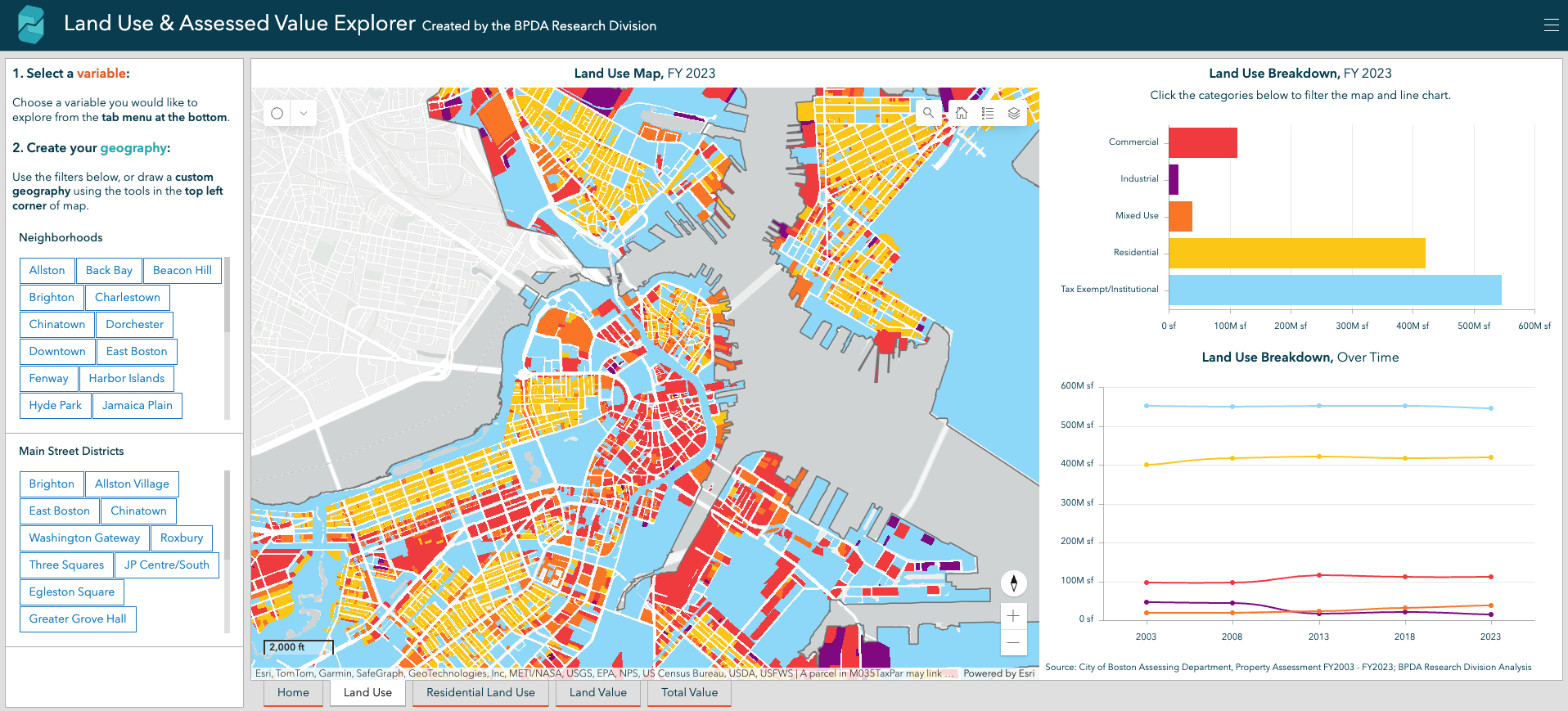 The Land Use & Assessed Value Explorer, an interactive dashboard guiding you through the historical and current dynamics of parcel land use and assessed property values in Boston.