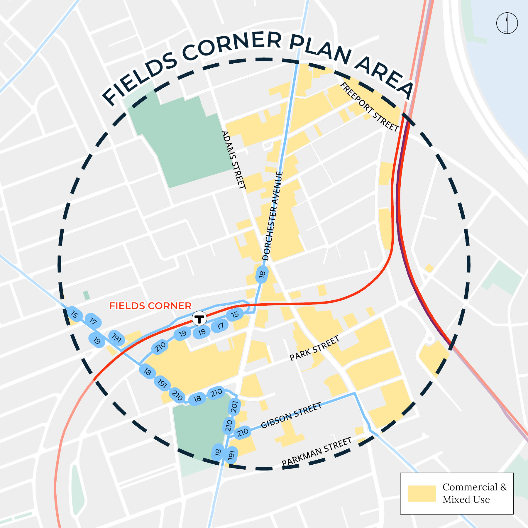 Map of the Fields Corner Plan Area in Boston.